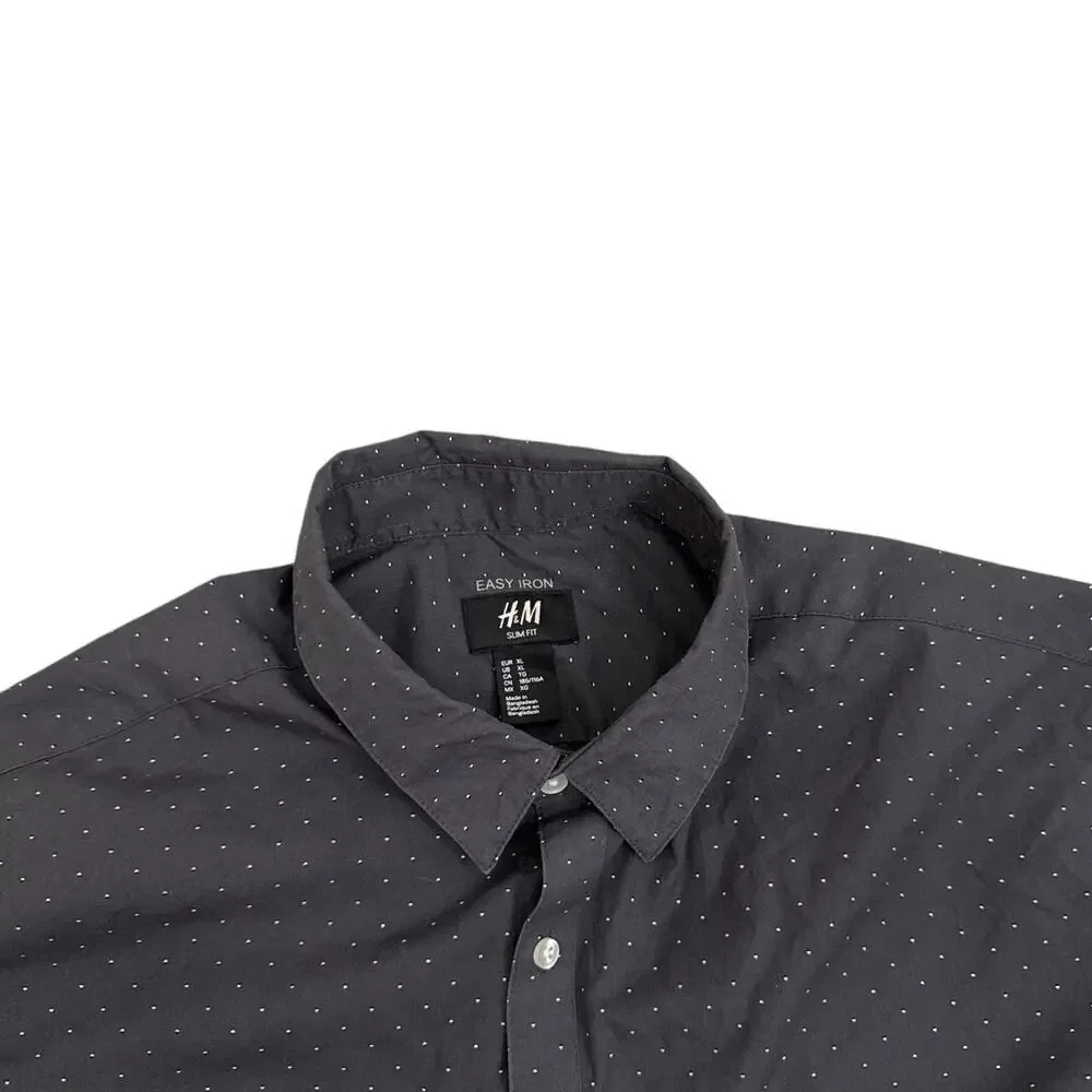 H&M Easy Iron Gray Polka Dot Button Down Casual Dress Shirt Size Men's XL